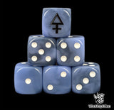 Blue 16mm D6 dice with a black arrow emblem and white pips for sci-fi wargaming