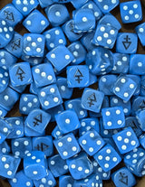 Pile of blue arrow 16mm D6 dice for a sci-fi alien army