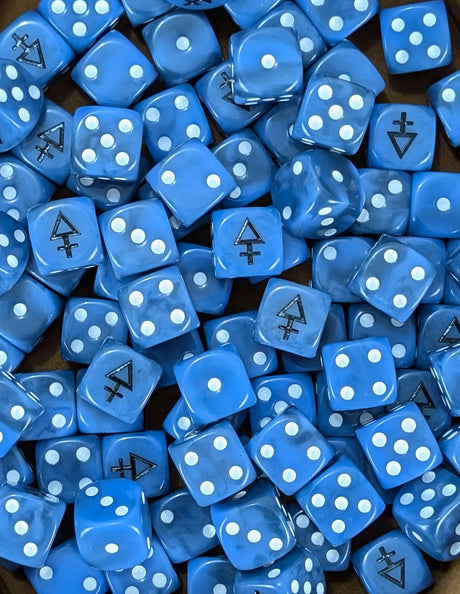 Pile of blue arrow 16mm D6 dice for a sci-fi alien army