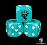 Close-up of three turquoise 16mm grimdark D6 dice engraved with a black aspect rune emblem