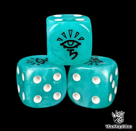 Close-up of three turquoise 16mm grimdark D6 dice engraved with a black aspect rune emblem