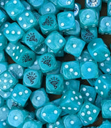 Full tray of turquoise Azure Aspect Elves D6 dice for tabletop wargaming and RPGs