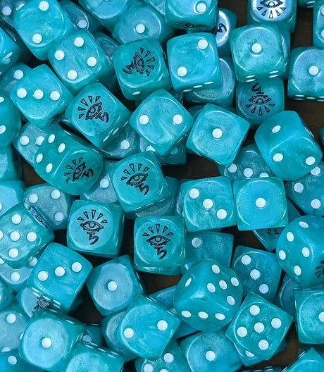 Full tray of turquoise Azure Aspect Elves D6 dice for tabletop wargaming and RPGs