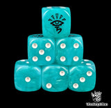 Turquoise 16mm resin D6 dice with black aspect rune emblem and white pips, hand painted for sci-fi space elf armies and tabletop wargaming