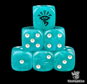 Turquoise 16mm resin D6 dice with black aspect rune emblem and white pips, hand painted for sci-fi space elf armies and tabletop wargaming