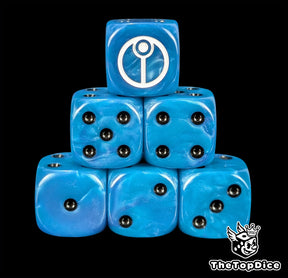Blue 16mm D6 dice with a white circular caste sigil and black pips for sci-fi wargaming