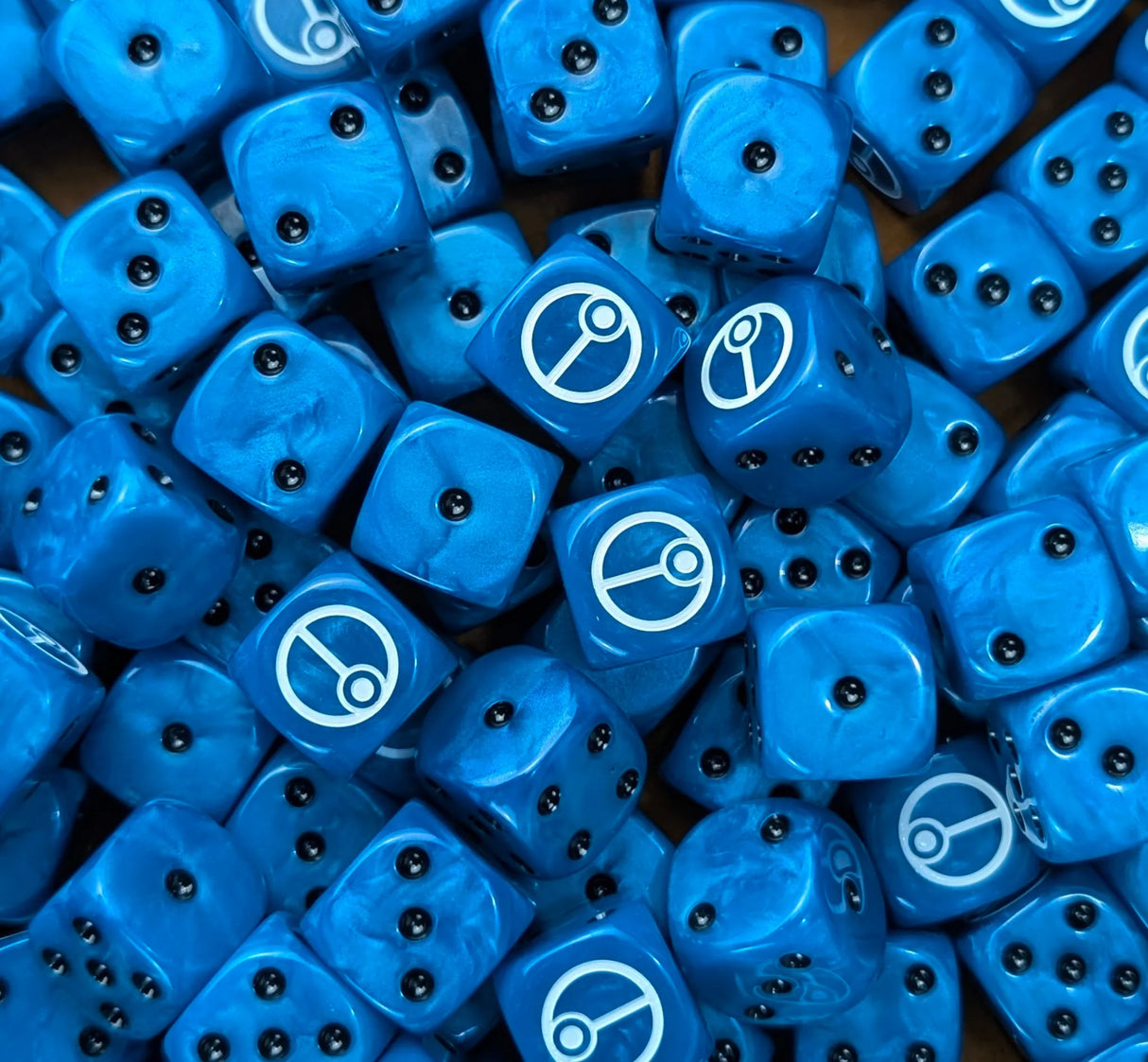 Pile of blue caste 16mm D6 dice for a sci-fi recon army