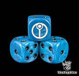 Close up of a blue 16mm resin D6 die engraved with a white circular caste sigil and black pips