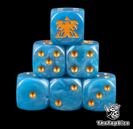 Six blue Terran D6 stacked, gold pips and a gold Dominion eagle
