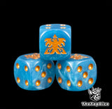 Three blue Terran dice with gold pips and a gold Dominion eagle