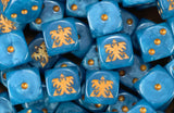 A pile of blue Terran D6 with gold pips and Dominion eagles