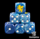 Six blue Empire D6 stacked, white pips and a gold rampant griffon