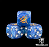 Three blue Stormcast Eternals dice with silver pips and a gold hammer
