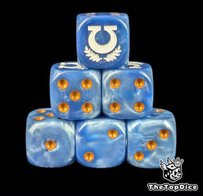 Blue resin D6 dice with a white laurel sigil and white pips for sci-fi knights