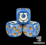Close-up of a blue D6 die with a white laurel emblem