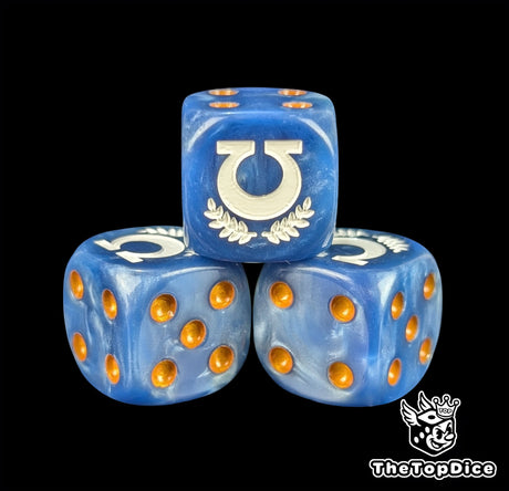Close-up of a blue D6 die with a white laurel emblem