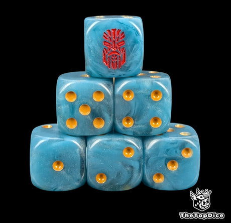 Blue 16mm D6 dice with a red rune face emblem and gold pips for sci-fi wargaming