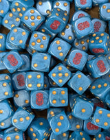 Pile of blue tech dwarf 16mm D6 dice for a sci-fi dwarf army