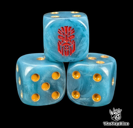 Close up of a blue 16mm resin D6 die engraved with a red rune and a stern face and gold pips