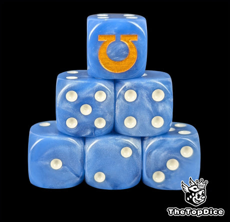 Blue resin D6 dice with a gold sigil emblem and white pips