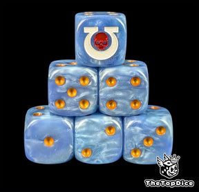 Blue resin D6 dice with a white sigil and red skull and gold pips for sci-fi knights