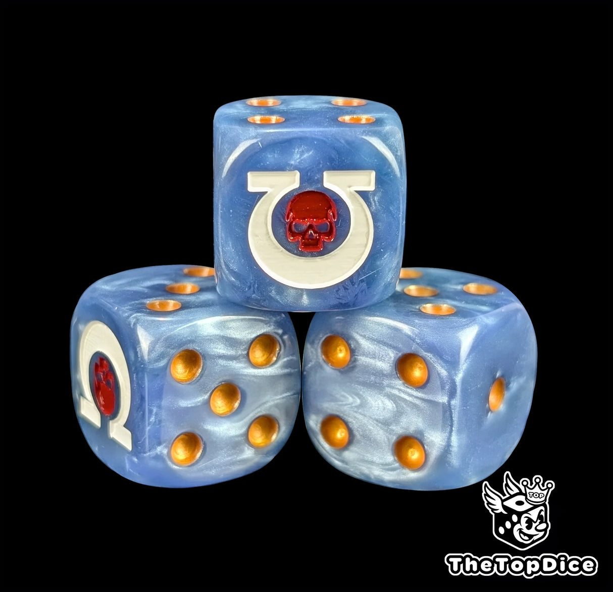 Close-up of a blue D6 die with a red skull sigil and gold pips