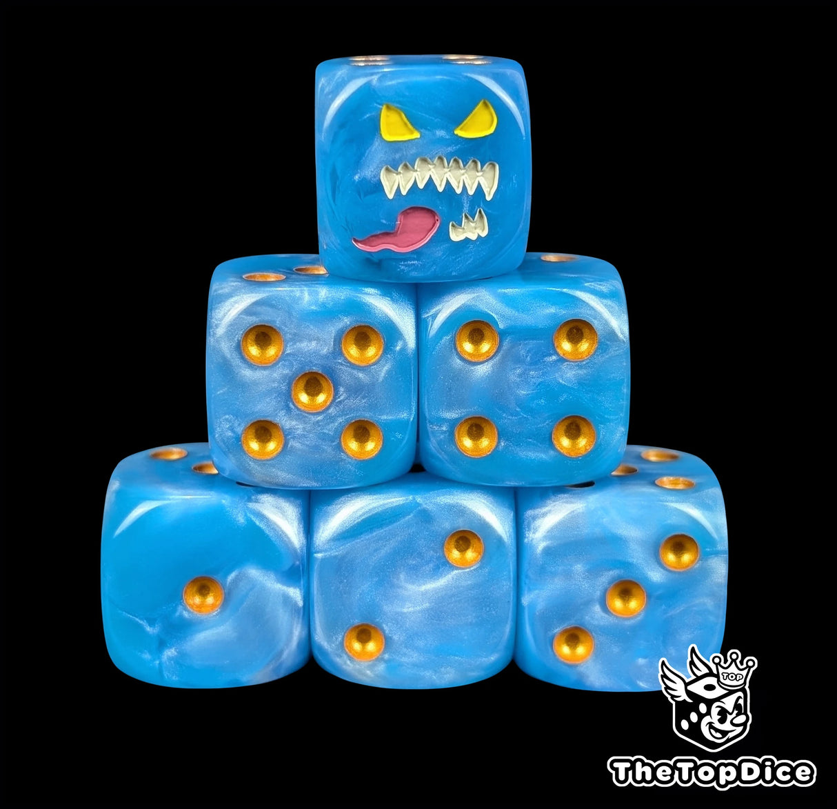 Blue 16mm D6 dice with a blue daemon face emblem and gold pips for sci-fi wargaming