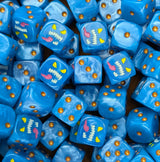 Pile of blue daemon sorcerer 16mm D6 dice for a sci-fi chaos army