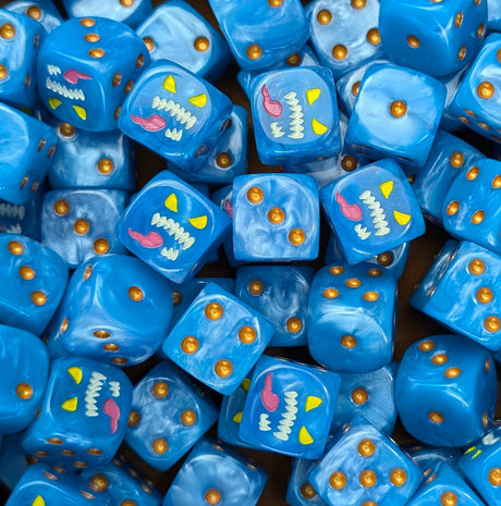 Pile of blue daemon sorcerer 16mm D6 dice for a sci-fi chaos army