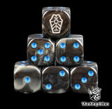 Necron Immortals dice, six black and grey 16mm D6 stacked with a silver glyph and gauss blue pips