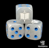 Close-up of three grey 16mm grimdark D6 dice engraved with a white sword