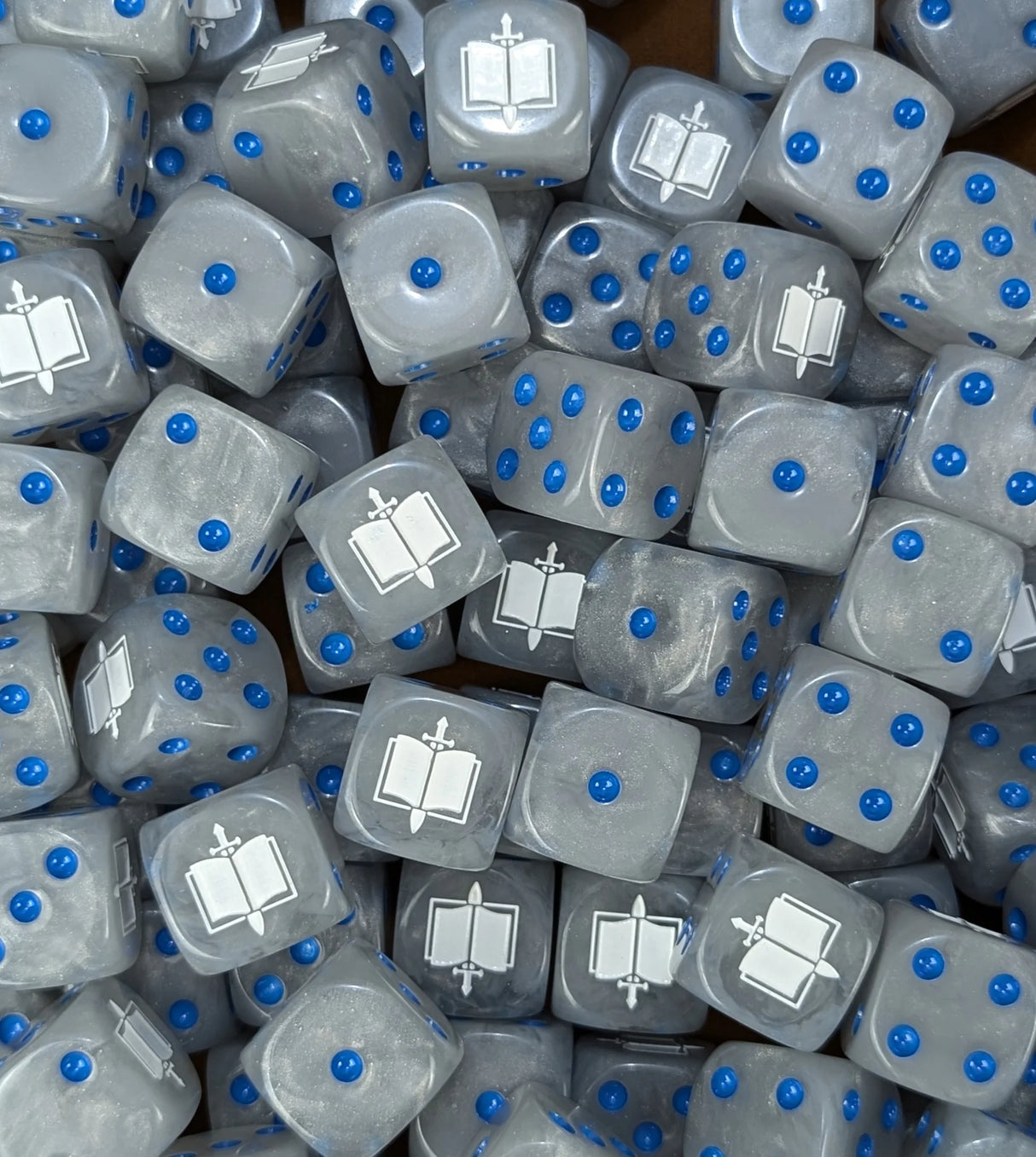 Full tray of grey Azure Ward Knights D6 dice for tabletop wargaming and RPGs