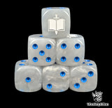 Grey 16mm resin D6 dice with white sword and book emblem and blue pips, hand painted for sci-fi demon-hunting legions and tabletop wargaming