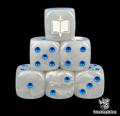 Grey 16mm resin D6 dice with white sword and book emblem and blue pips, hand painted for sci-fi demon-hunting legions and tabletop wargaming
