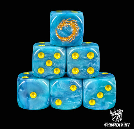 Blue 16mm D6 dice with a gold looping dragon emblem and yellow pips for sci-fi wargaming