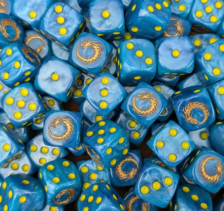 Pile of blue sorcerer 16mm D6 dice for a sci-fi chaos legion
