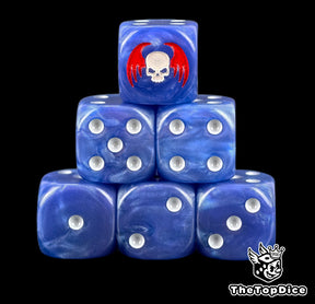 Six bright blue Night Lords D6 stacked, bone pips and a winged skull