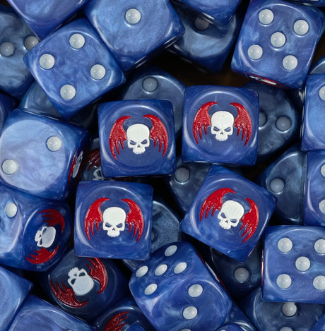 A pile of bright blue Night Lords D6 with bone pips and skulls