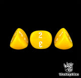 A trio of yellow 16mm three sided dice, white numbers facing up