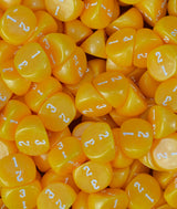 Full tray of banana yellow D3 dice, numbering visible across the top