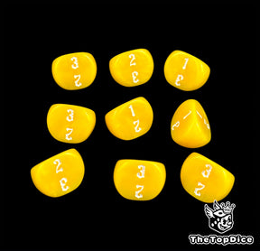 Nine banana yellow D3 dice in a three by three block, white digits up