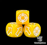 Hand filled white worked into every arrow on three banana yellow 16mm dice