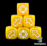 Banana yellow 16mm scatter dice, six stacked with arrows and target faces showing