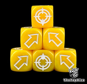 Banana yellow 16mm scatter dice, six stacked with arrows and target faces showing