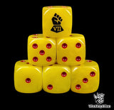 Yellow 16mm resin D6 dice with black fist emblem and red pips, hand painted for sci-fi siege legions and tabletop wargaming