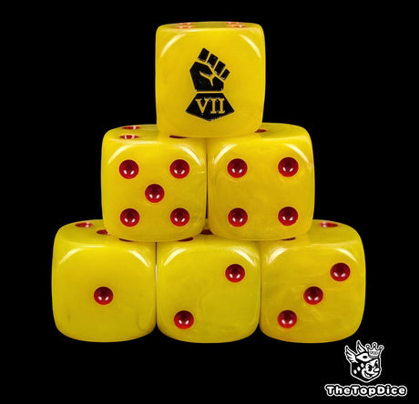 Yellow 16mm resin D6 dice with black fist emblem and red pips, hand painted for sci-fi siege legions and tabletop wargaming