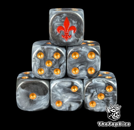 Black and grey 16mm D6 dice with a red lily emblem and red pips for sci-fi wargaming