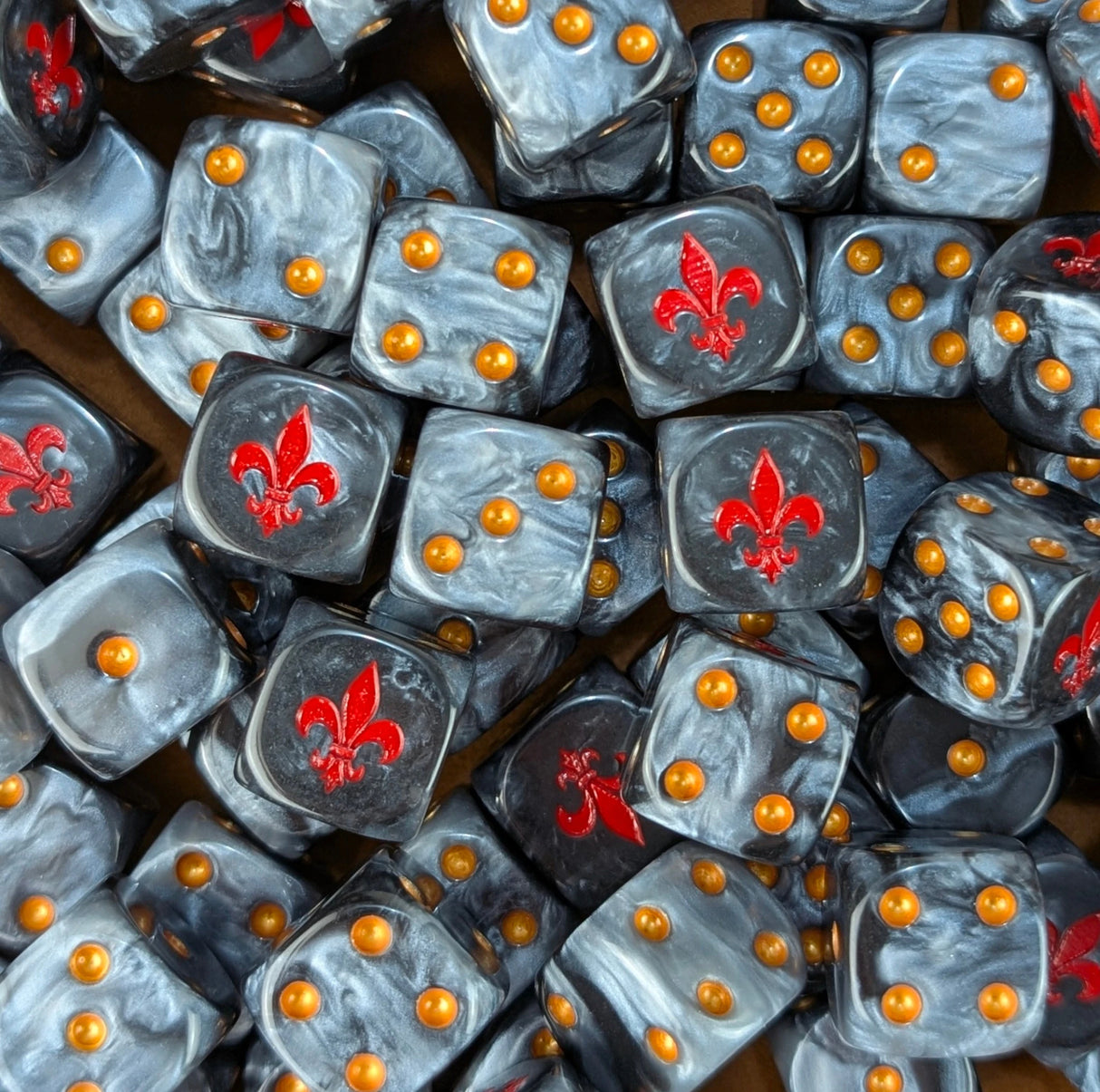 Pile of black and grey warrior nun 16mm D6 dice for a sci-fi sister army