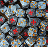 Pile of black and grey warrior nun 16mm D6 dice for a sci-fi sister army