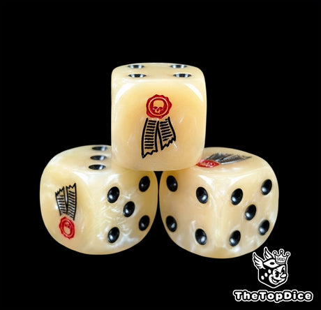 Close up of a beige parchment 16mm resin D6 die engraved with a red wax seal scroll and black pips